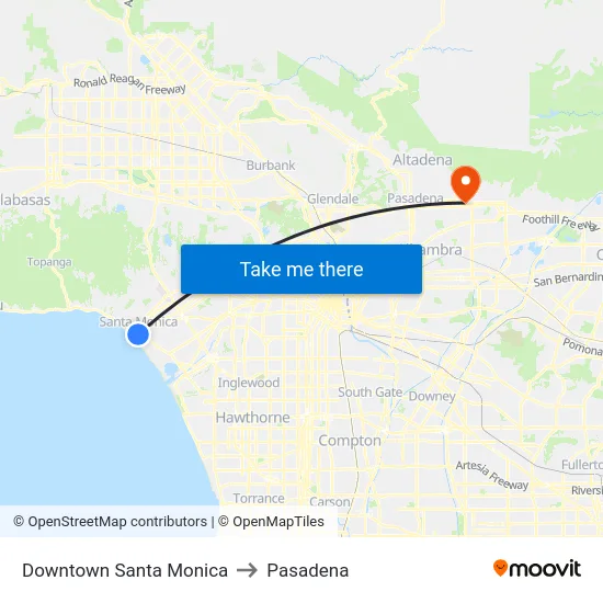 Downtown Santa Monica to Pasadena map