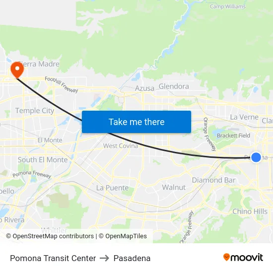 Pomona Transit Center to Pasadena map