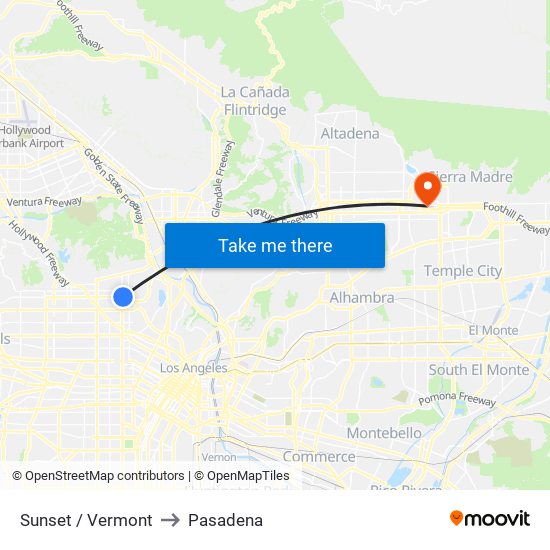 Sunset / Vermont to Pasadena map