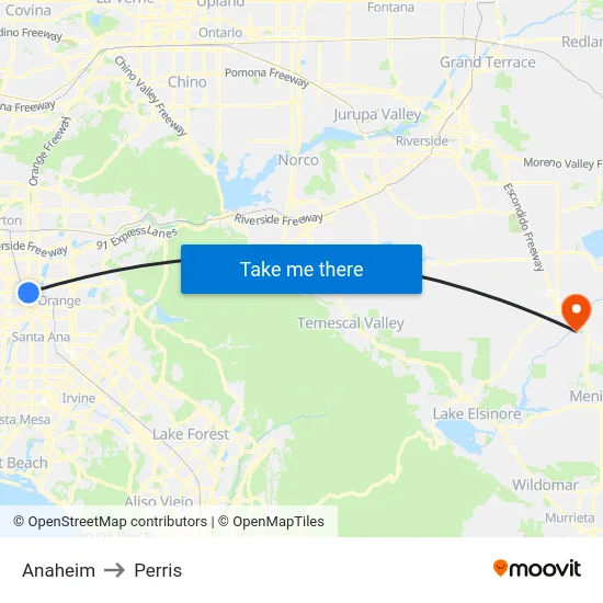 Anaheim to Perris map