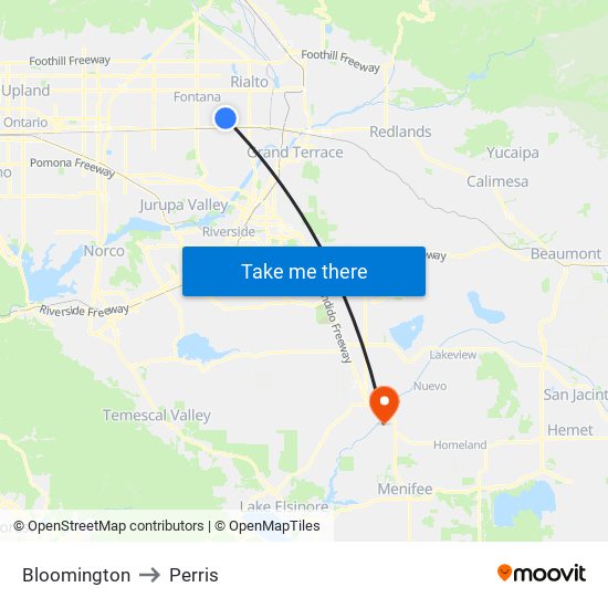 Bloomington to Perris map