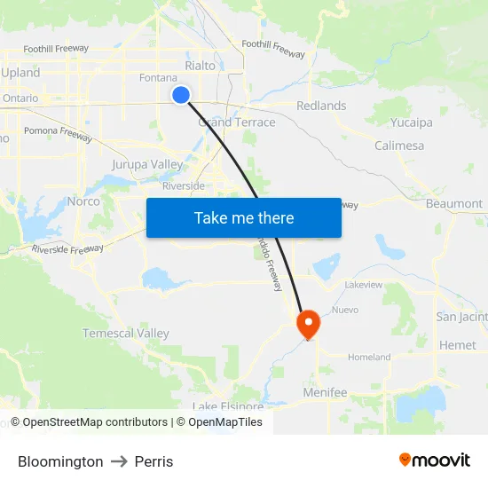 Bloomington to Perris map