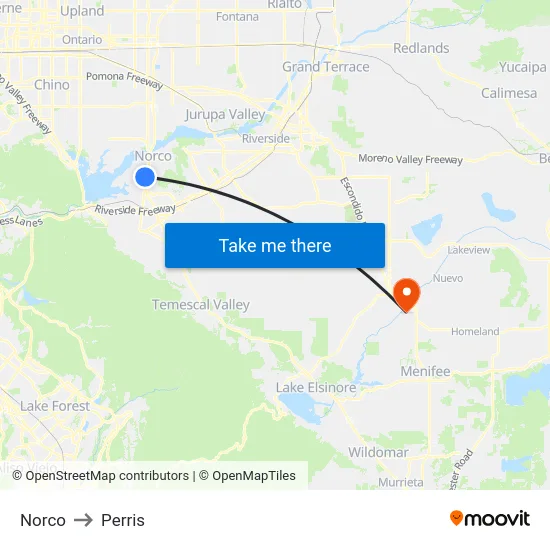 Norco to Perris map