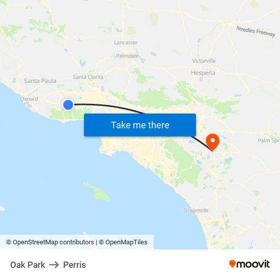 Oak Park to Perris map