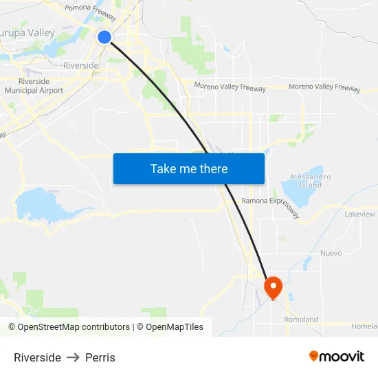 Riverside to Perris map