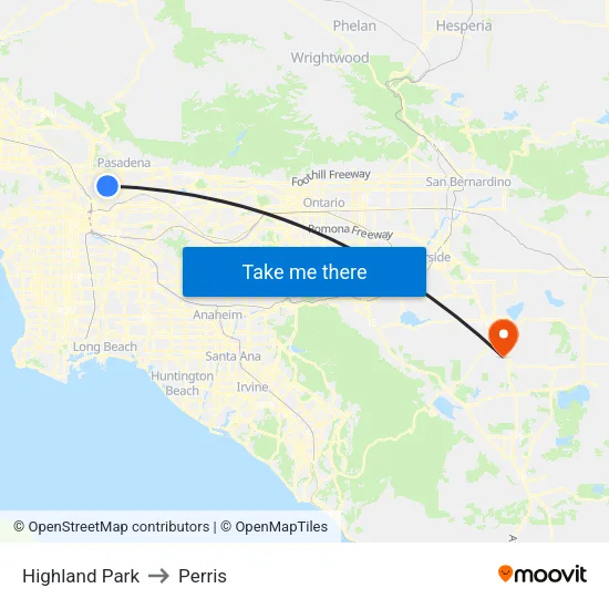 Highland Park to Perris map