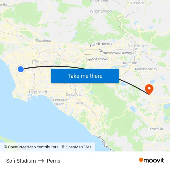Sofi Stadium to Perris map