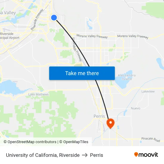 University of California, Riverside to Perris map