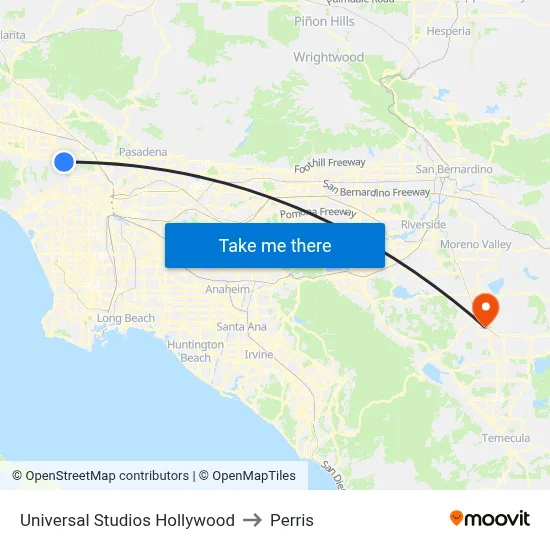 Universal Studios Hollywood to Perris map