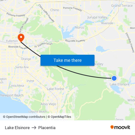 Lake Elsinore to Placentia map