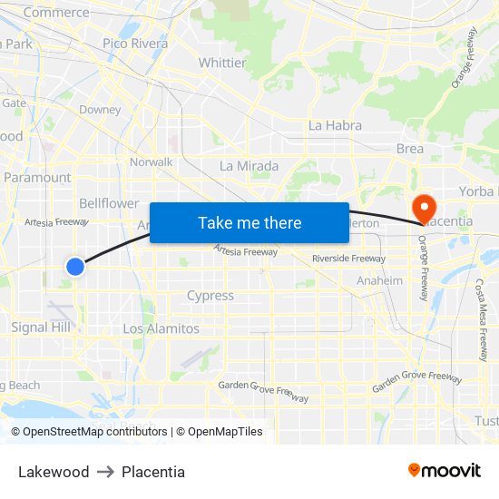 Lakewood to Placentia map