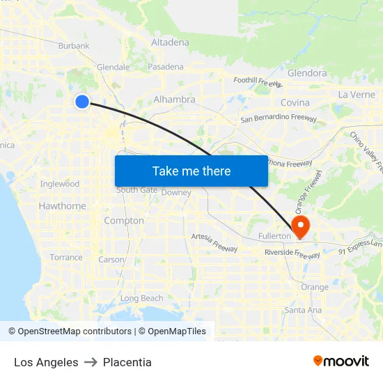 Los Angeles to Placentia map