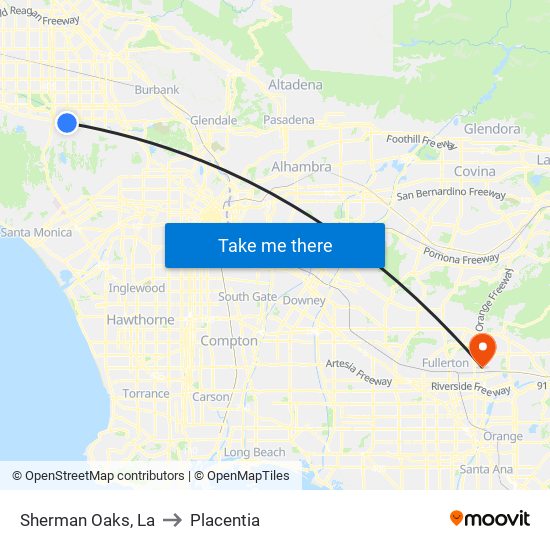 Sherman Oaks, La to Placentia map