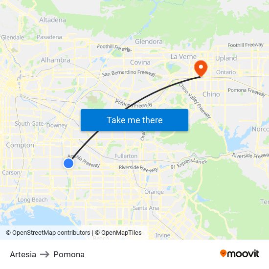 Artesia to Pomona map