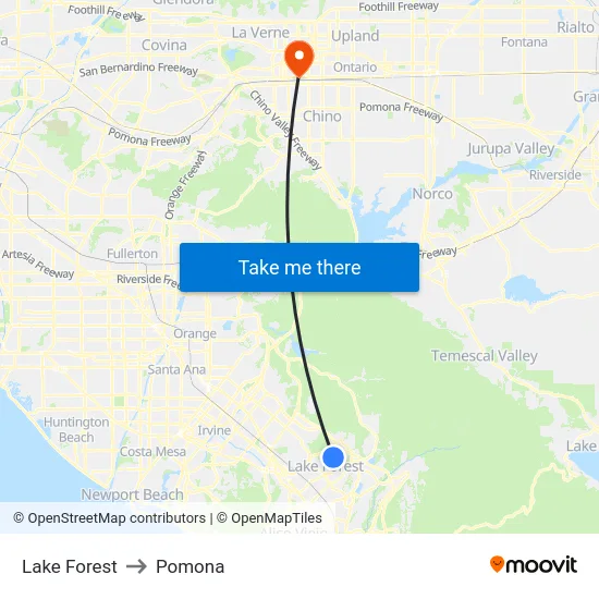 Lake Forest to Pomona map