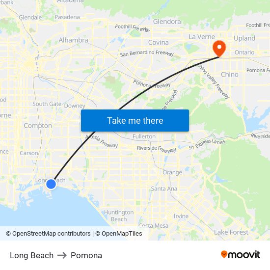 Long Beach to Pomona map