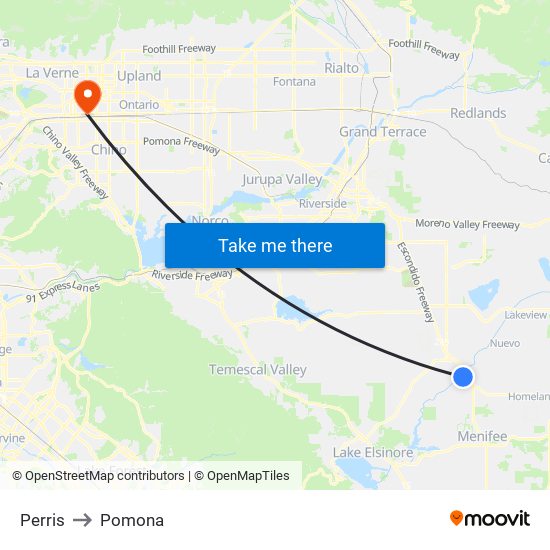 Perris to Pomona map
