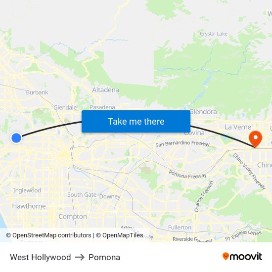 West Hollywood to Pomona map