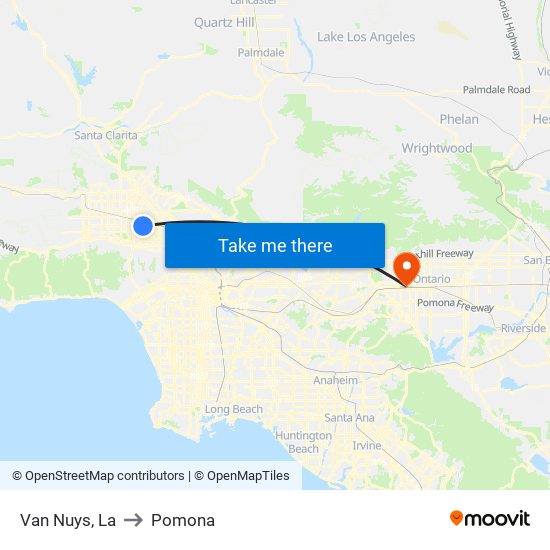 Van Nuys, La to Pomona map