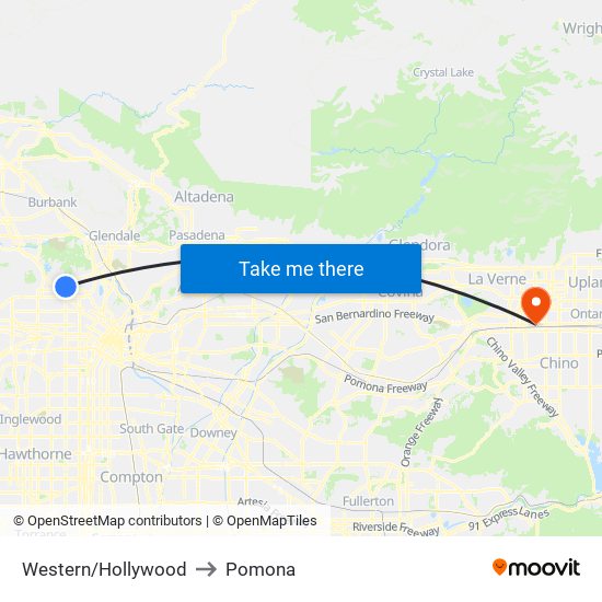 Western/Hollywood to Pomona map