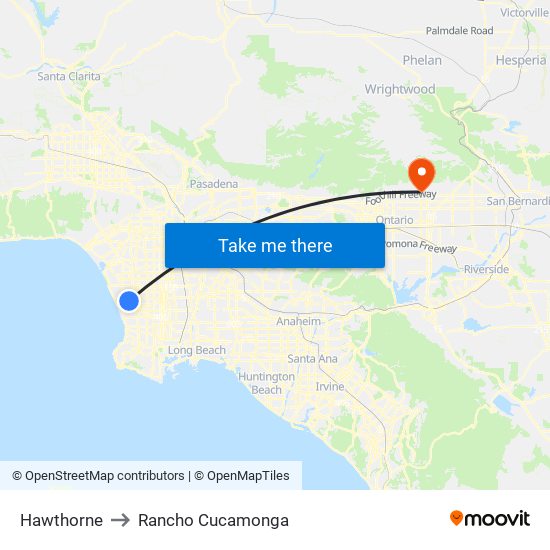 Hawthorne to Rancho Cucamonga map