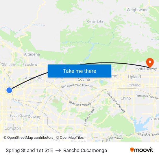 Spring St and 1st St E to Rancho Cucamonga map