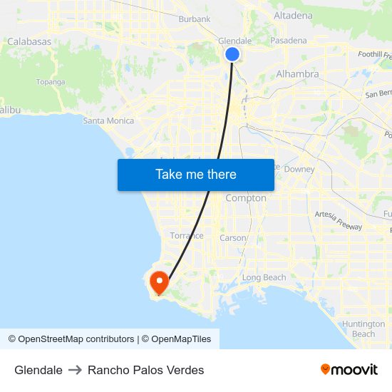 Glendale to Rancho Palos Verdes map