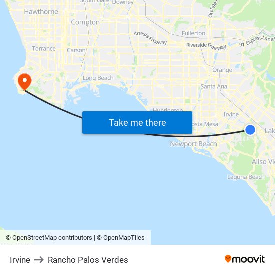 Irvine to Rancho Palos Verdes map