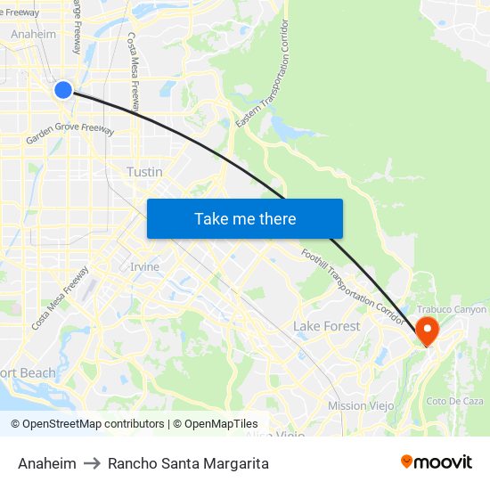 Anaheim to Rancho Santa Margarita map