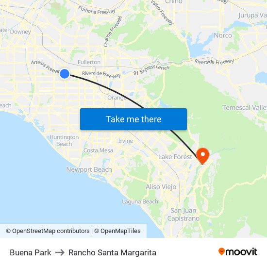 Buena Park to Rancho Santa Margarita map