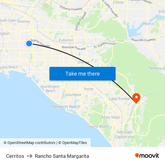 Cerritos to Rancho Santa Margarita map