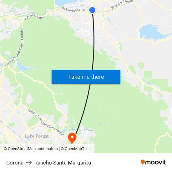 Corona to Rancho Santa Margarita map