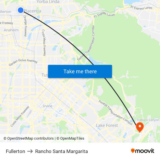 Fullerton to Rancho Santa Margarita map