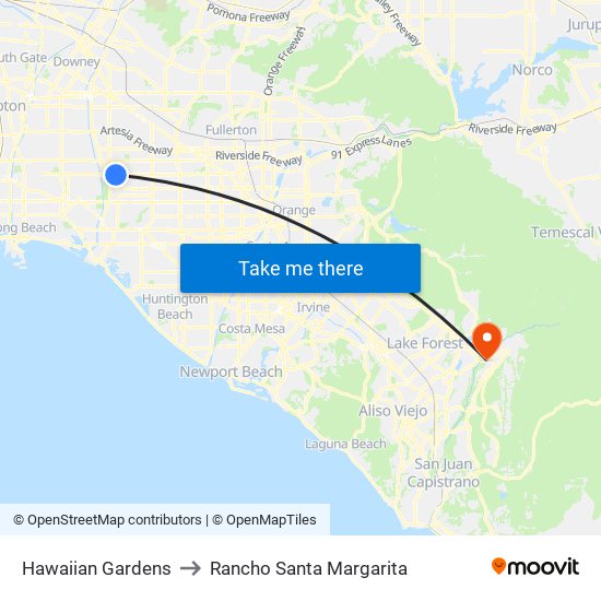Hawaiian Gardens to Rancho Santa Margarita map