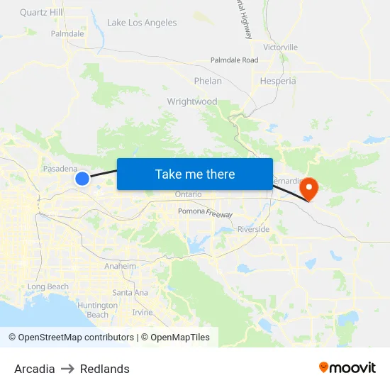 Arcadia to Redlands map