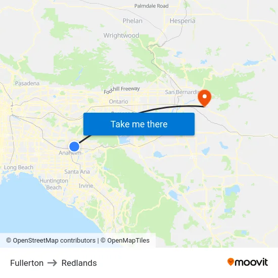 Fullerton to Redlands map