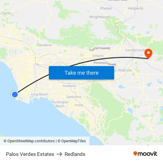 Palos Verdes Estates to Redlands map