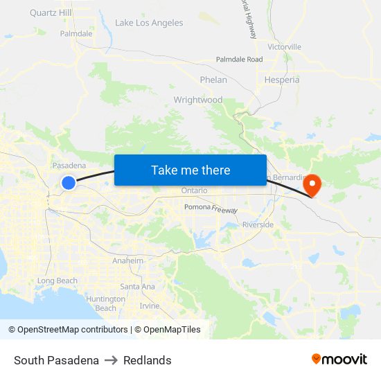 South Pasadena to Redlands map