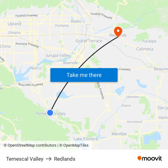 Temescal Valley to Redlands map