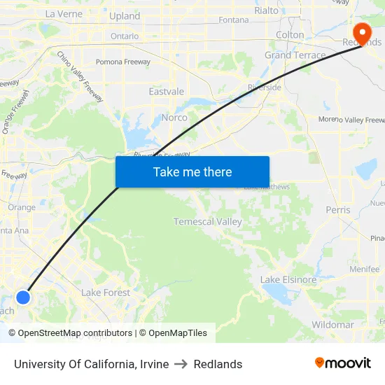 University Of California, Irvine to Redlands map