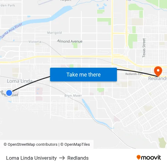 Loma Linda University to Redlands map