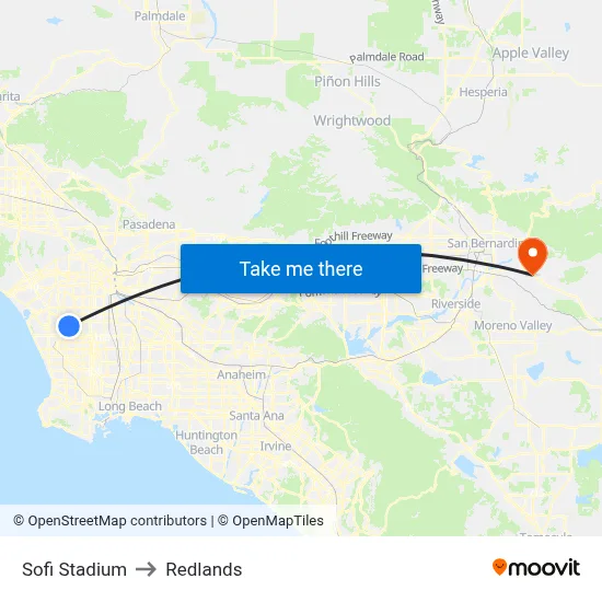 Sofi Stadium to Redlands map