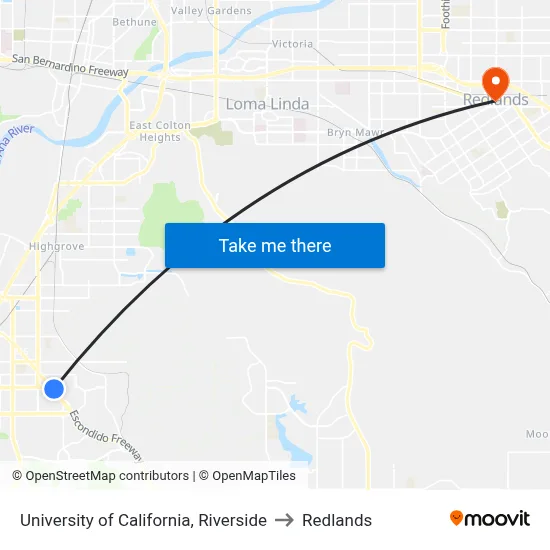 University of California, Riverside to Redlands map