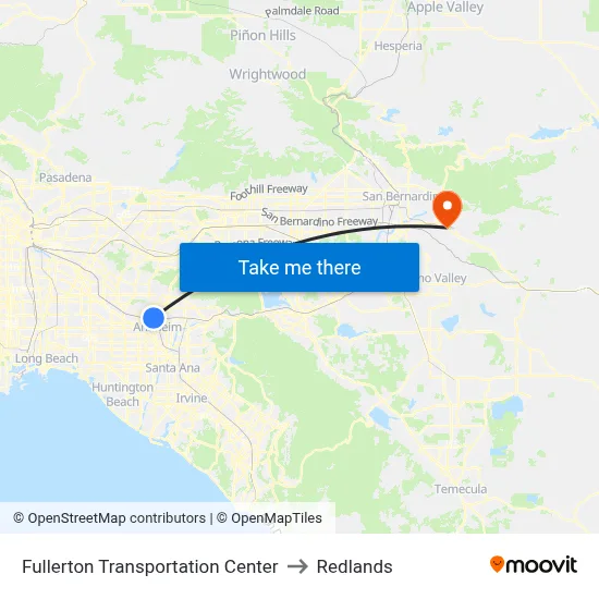 Fullerton Transportation Center to Redlands map