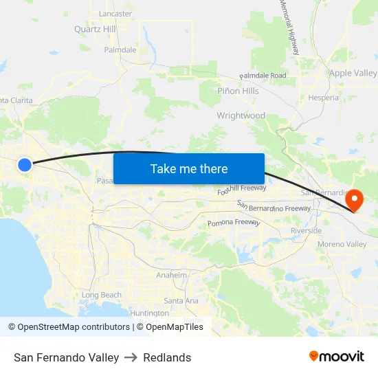 San Fernando Valley to Redlands map