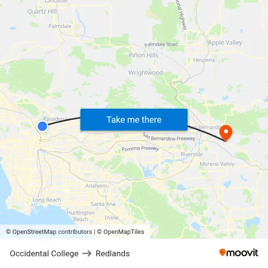 Occidental College to Redlands map