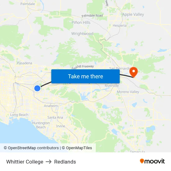 Whittier College to Redlands map