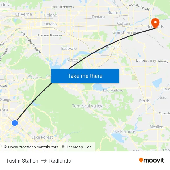 Tustin Station to Redlands map