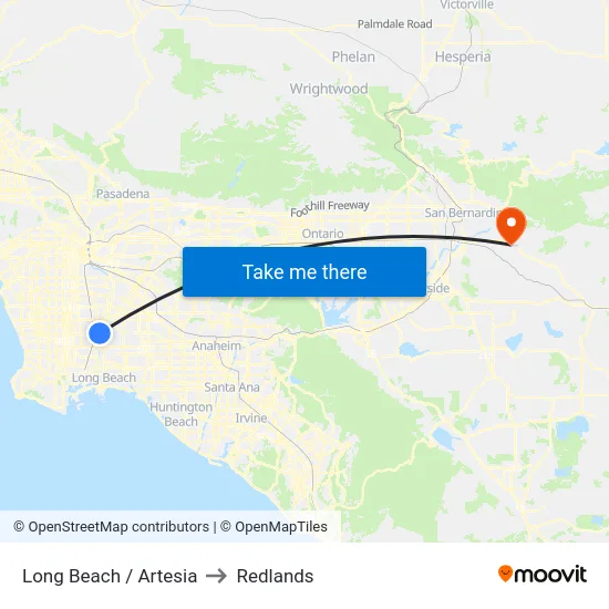 Long Beach / Artesia to Redlands map
