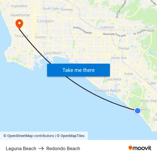 Laguna Beach to Redondo Beach map